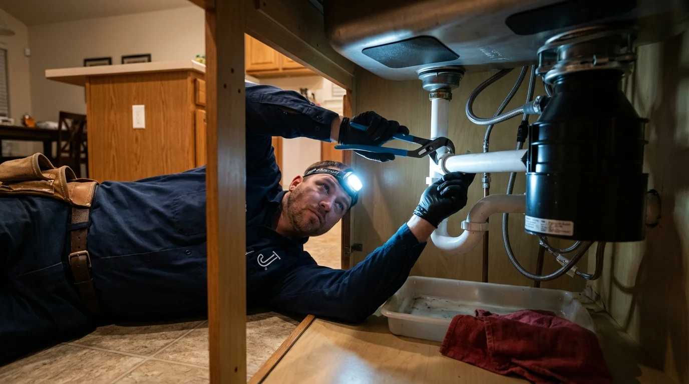P-trap and supply line connections under a kitchen sink showing a common leak point in Spring City, UT